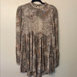 Free People Paisley Lace Dress - Blue, Brown, Cream